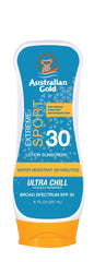 Australian Gold front bottle shot showing SPF 30 protection and active lifestyle benefit
