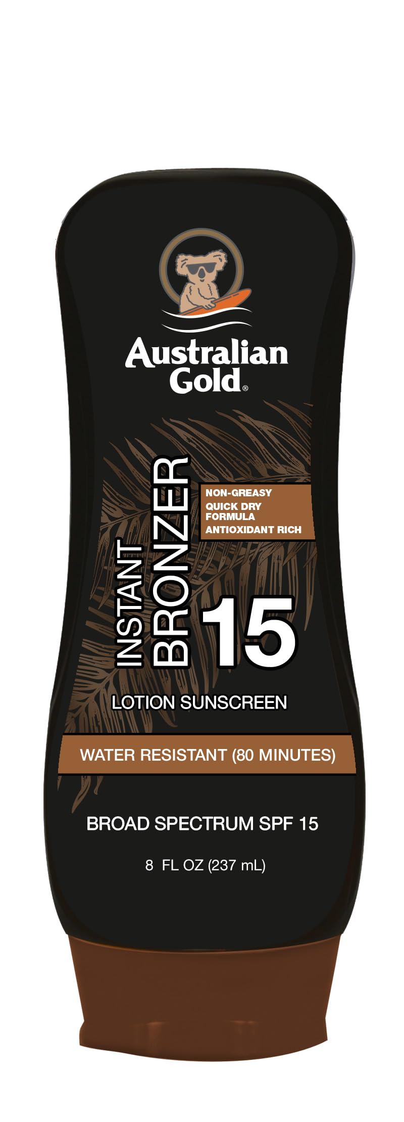 Australian Gold front packaging showing SPF 15 protection and instant bronzer