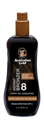 Australian Gold front packaging showing SPF 8 bottle and instant bronzer benefit