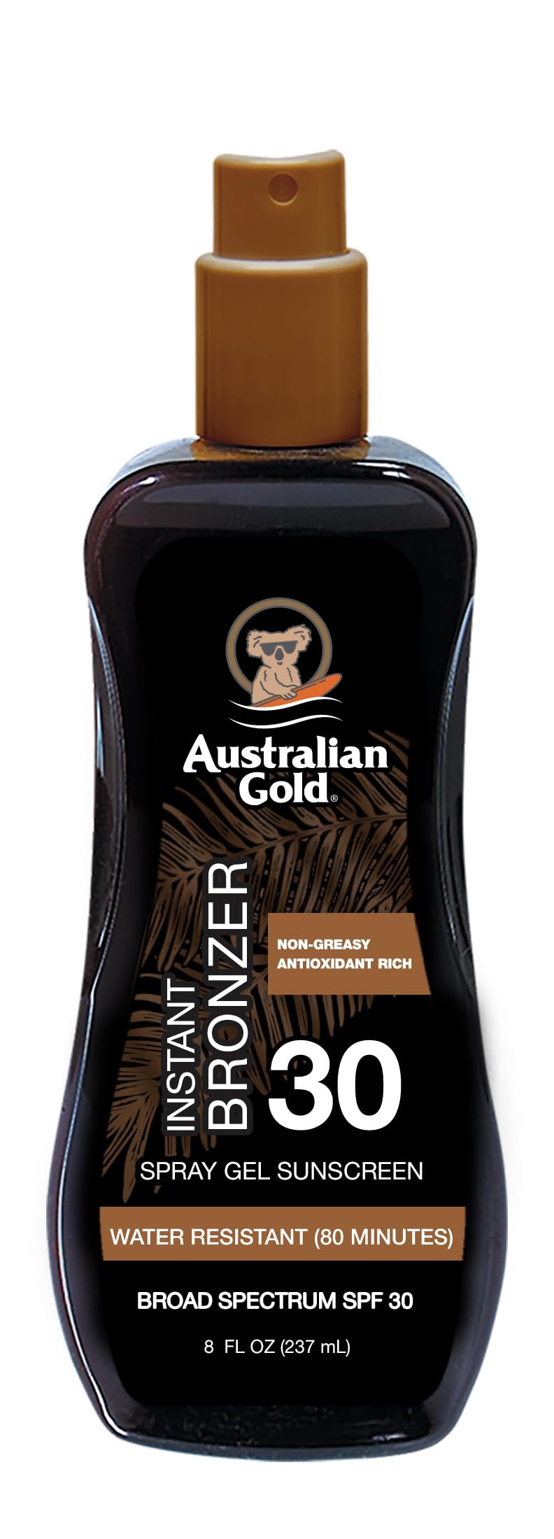 Australian Gold front packaging showing SPF 30 and instant bronzer benefits