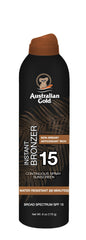 Australian Gold front packaging showing SPF 15 and instant bronzer benefits