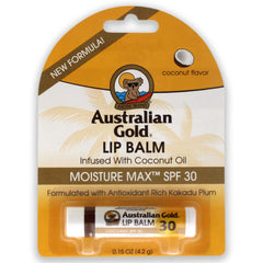 Australian Gold lip balm front view showing compact SPF30 stick and coconut flavor
