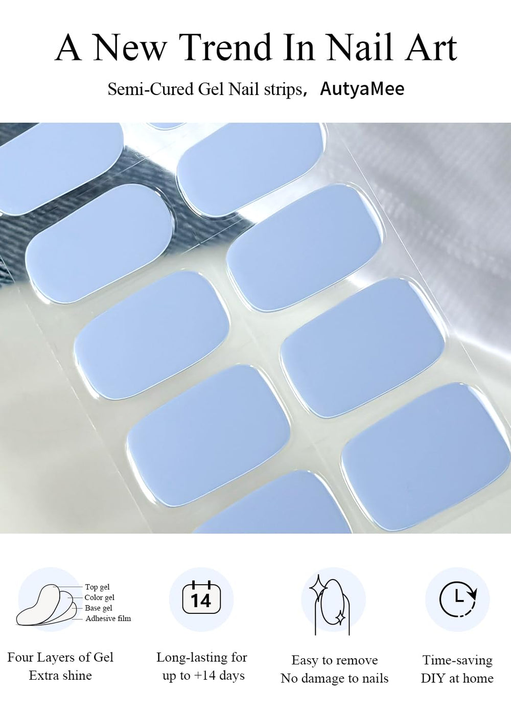 AutyaMee application showing a user pressing a strip on a nail for quick salon finish