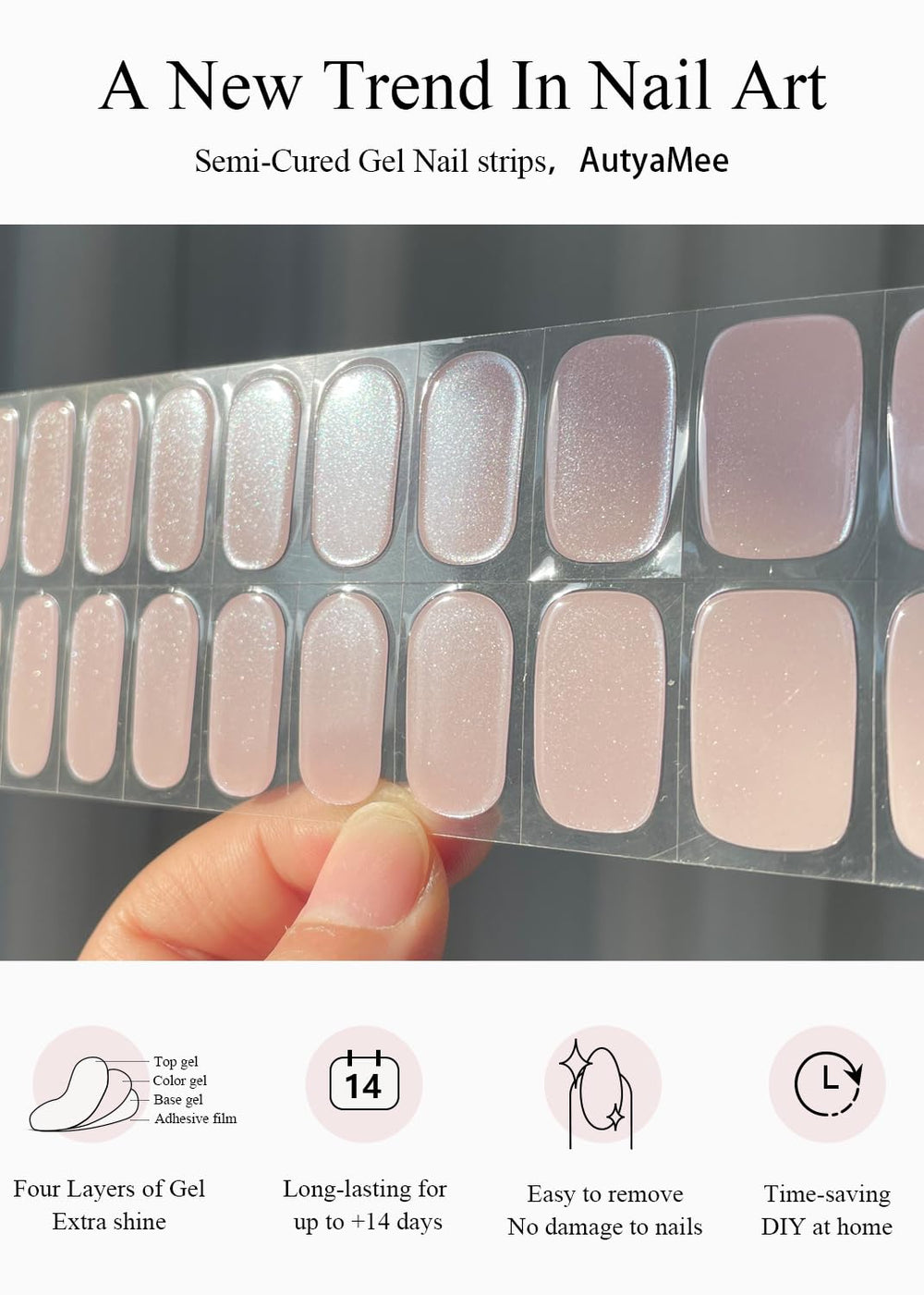 AutyaMee strip being applied on nail for quick at-home salon result