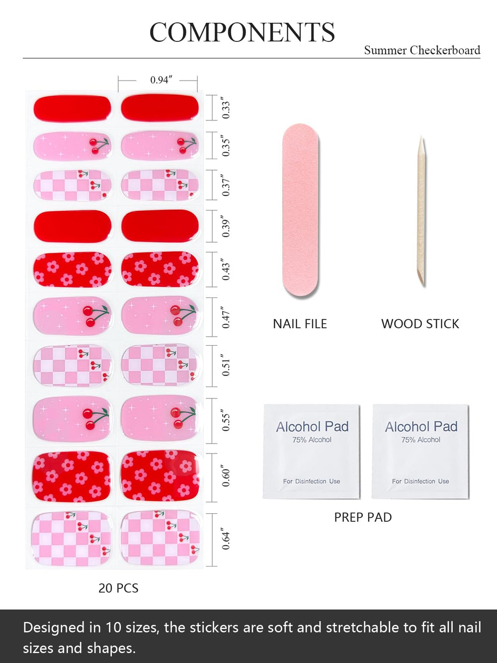 AutyaMee flatlay with nail file, wooden stick, prep pads and strips, simplifies application
