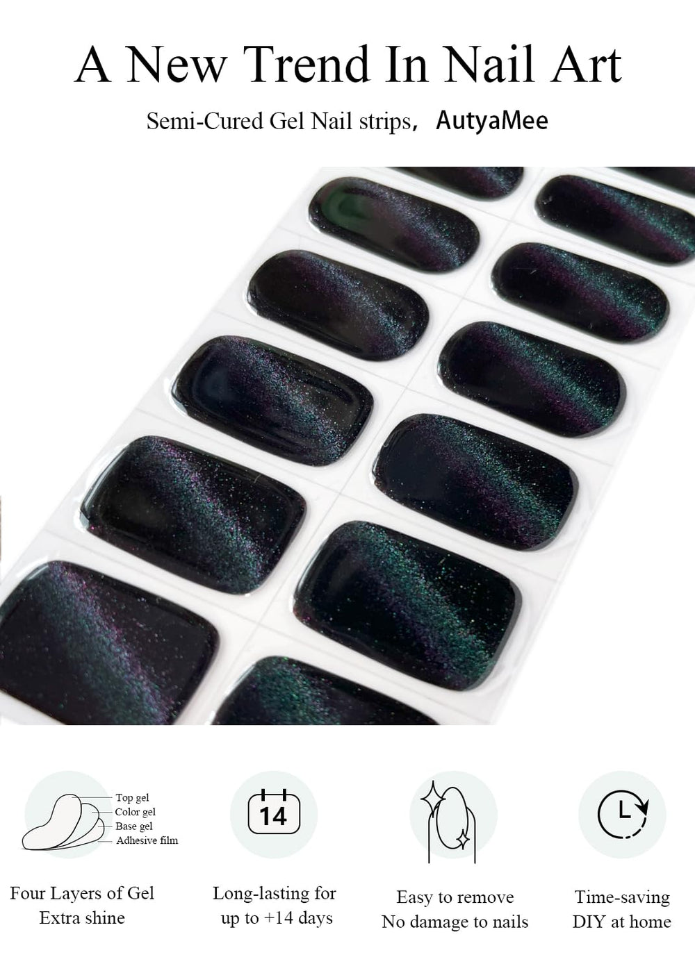 AutyaMee application tools and strips arranged showing quick at-home manicure benefit