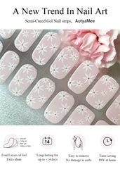 AutyaMee application step with hand pressing strip onto nail offering easy at-home application
