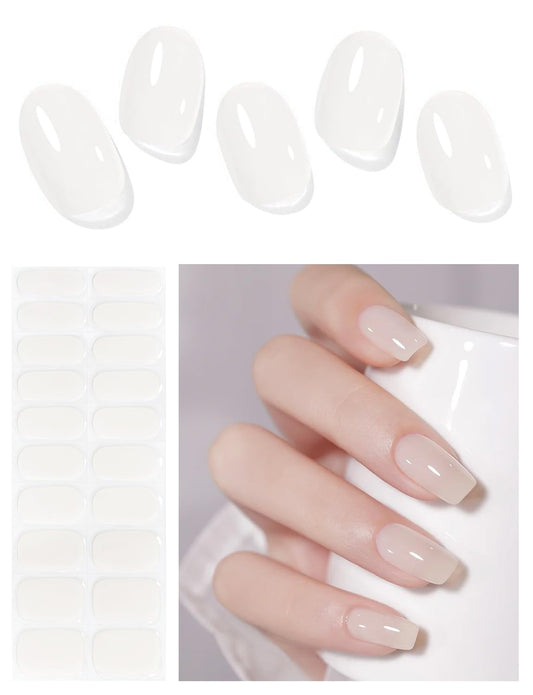 AutyaMee front packaging showing 20 jelly white gel nail strips and tools, clear presentation benefit