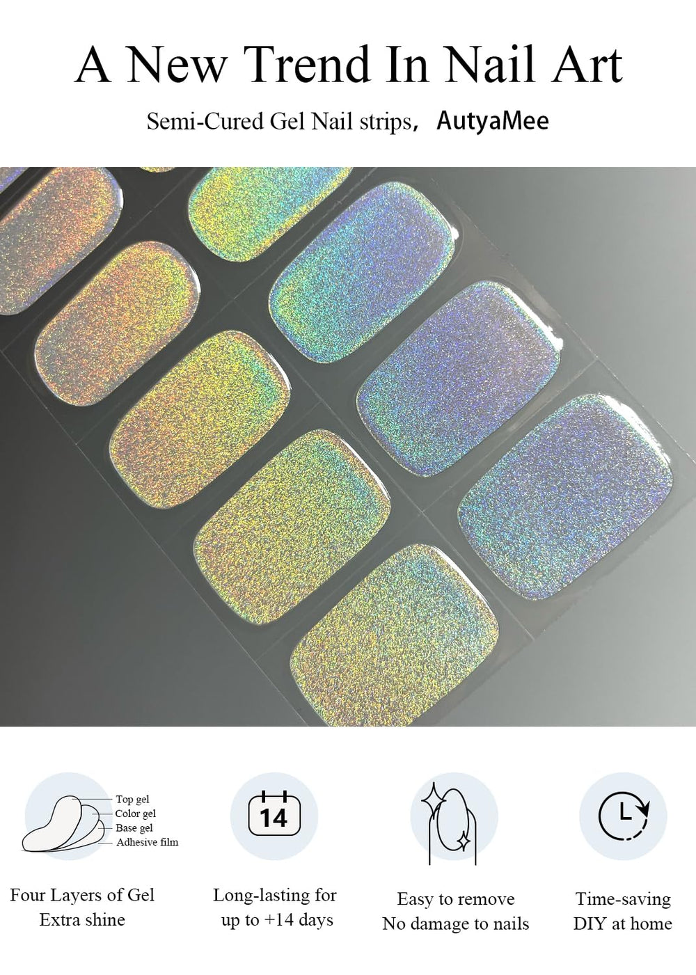 AutyaMee gel strips curing under UV lamp producing glossy, durable salon-quality finish