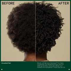 Aveda Be Curly next to common bottle showing 11.8 oz scale for size and value