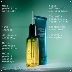 Aveda before and after hair comparison showing reduced frizz and visible strengthening benefit