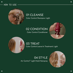 Applying Aveda Color Control Light to damp hair for detangling and color protection