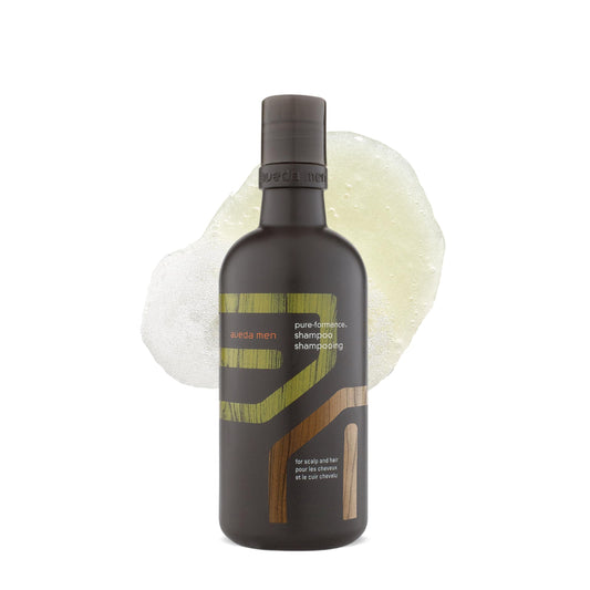 Aveda Men Pure-Formance shampoo front bottle showing brand and clean design benefits