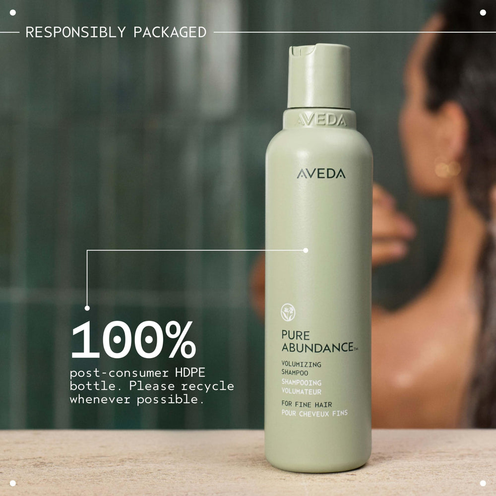 Aveda pure abundance step-by-step usage showing massage, rinse, repeat benefit