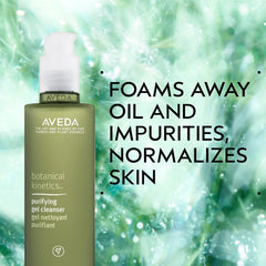 Aveda purifying gel cleanser pump and label highlighting ingredient clarity and ease