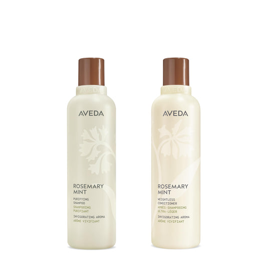 Aveda front packaging showing both Rosemary Mint bottles and benefits