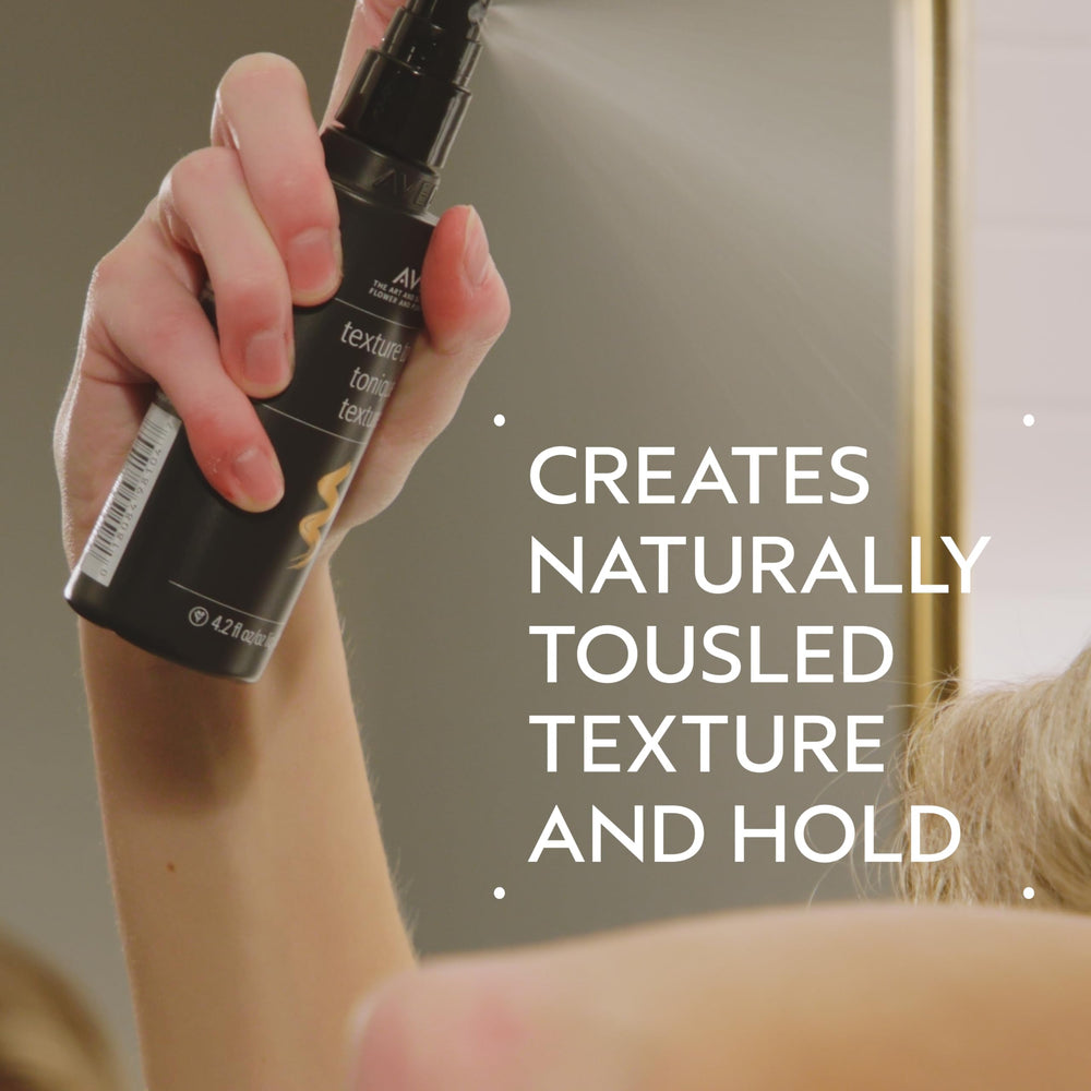 Close-up of Aveda label texture tonic highlighting product name and benefits