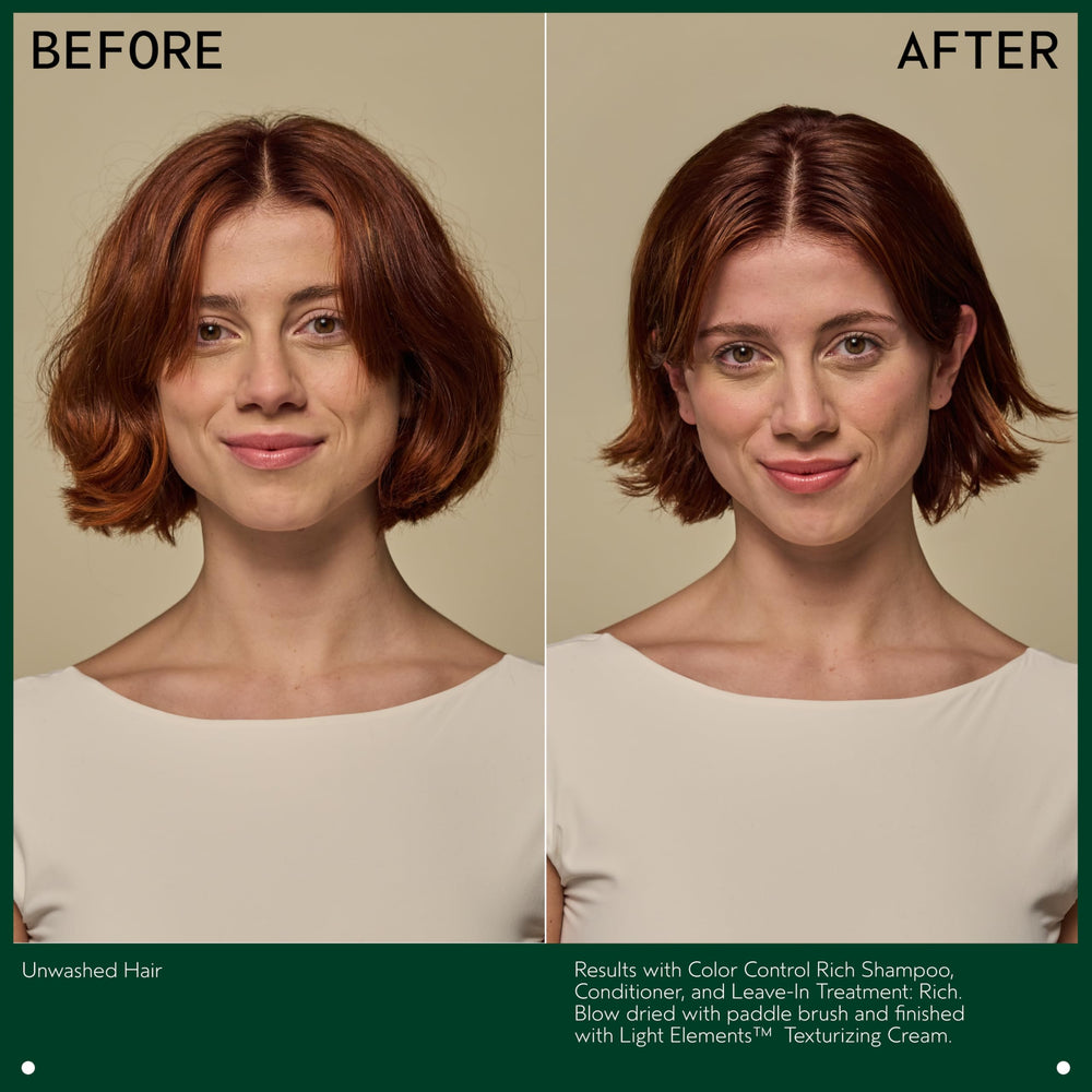 Aveda before-and-after short hair showing defined, piecey separation benefit