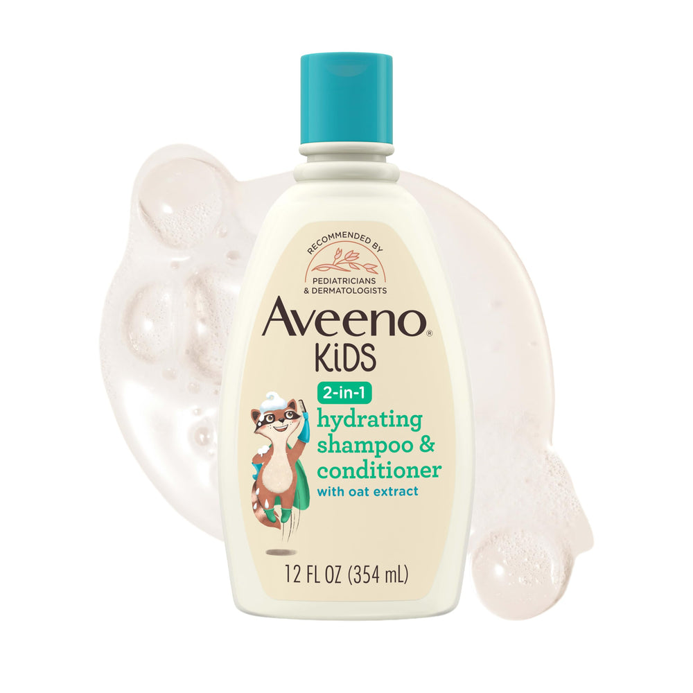 Aveeno Baby front packaging showing 2-in-1 shampoo and conditioner benefits
