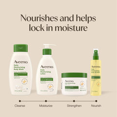 Aveeno bottle on bathroom counter in daily skincare routine setting