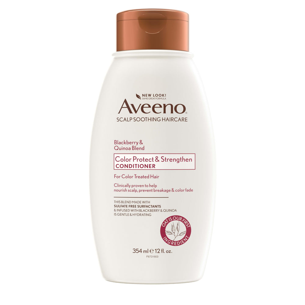 Aveeno bottle front packaging showing Blackberry Quinoa conditioner and calming scent