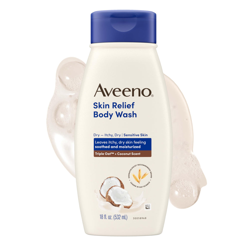 Aveeno front bottle showing label and gentle coconut scent benefits
