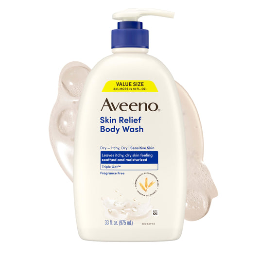 Aveeno front bottle showing 33 fl oz size and soothing benefits