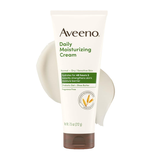 Aveeno front packaging showing 7.5 fl oz tube and product benefit