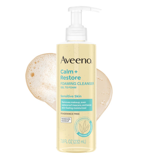 Aveeno front packaging showing 7.8 fl oz bottle and clear label benefit