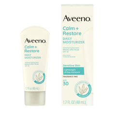 Aveeno front packaging showing Calm + Restore SPF 30 and lightweight benefits