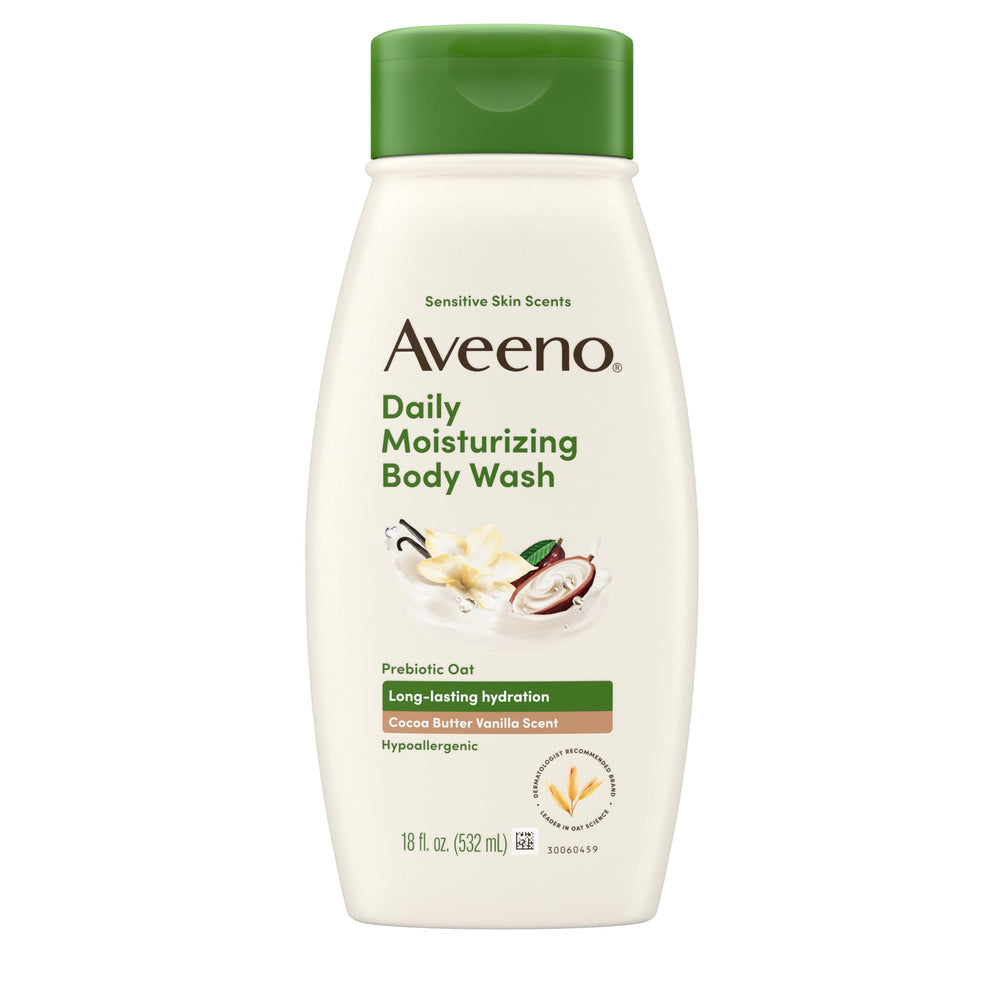 Aveeno front packaging showing cocoa butter vanilla scent and benefits