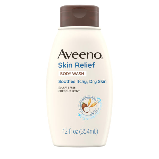Aveeno front packaging showing coconut body wash, gentle cleansing benefit