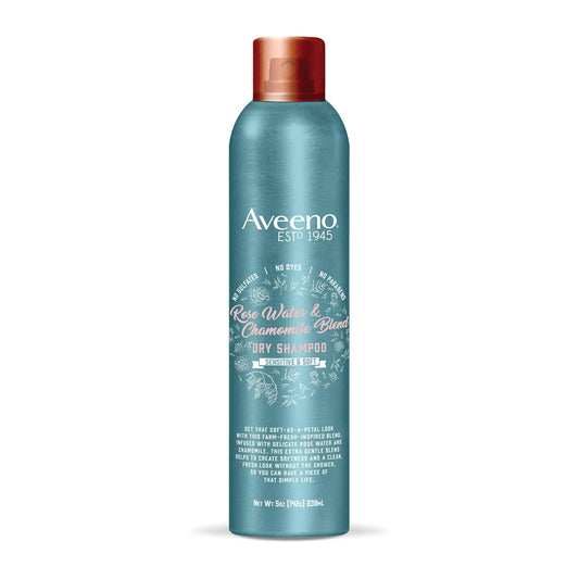 Aveeno front packaging showing rose water and chamomile for gentle refresh