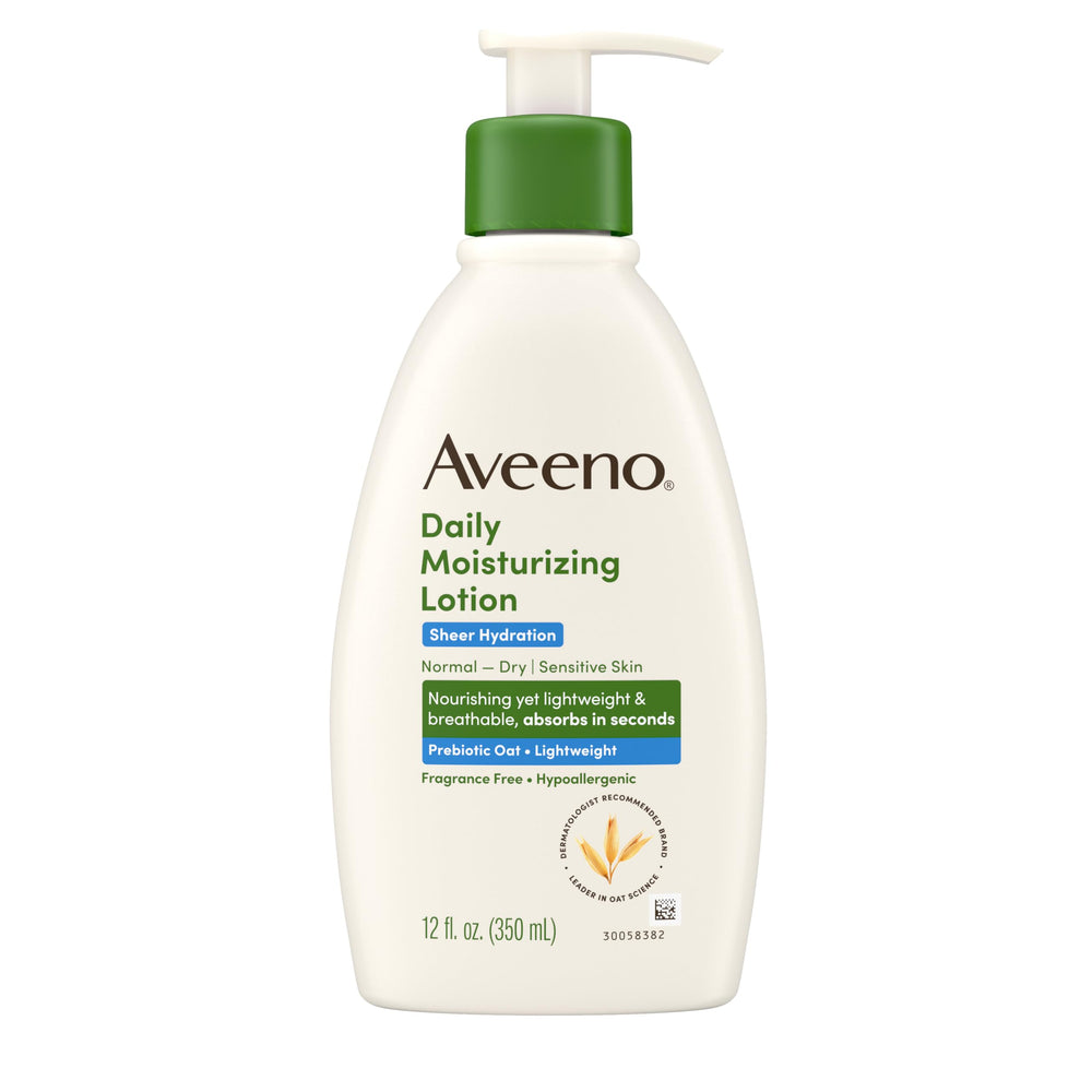 Aveeno front packaging showing sheer hydration lotion for easy identification and benefit