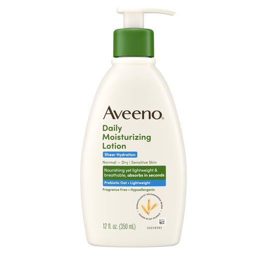 Aveeno front packaging showing sheer hydration lotion for easy identification and benefit