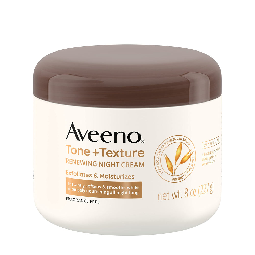 Aveeno front packaging showing tone and texture night cream benefits