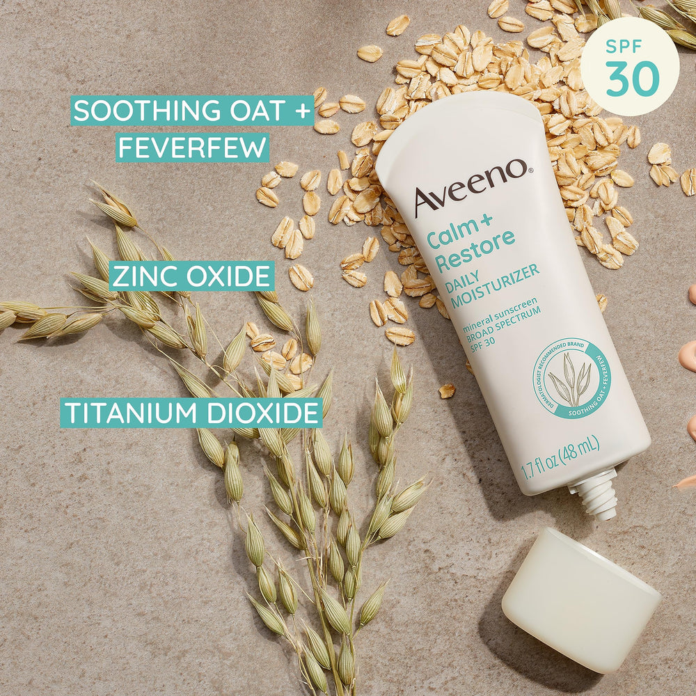 Aveeno ingredient label featuring oat and feverfew for soothing sensitive skin