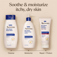 Aveeno ingredients label close-up showing oat and shea benefits