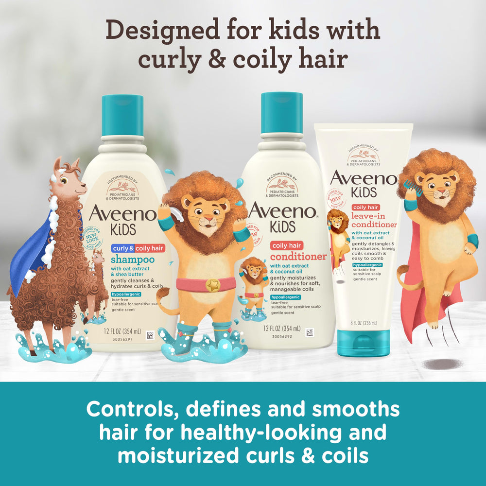 Aveeno Baby conditioner applied on curly toddler hair showing softer coils benefit
