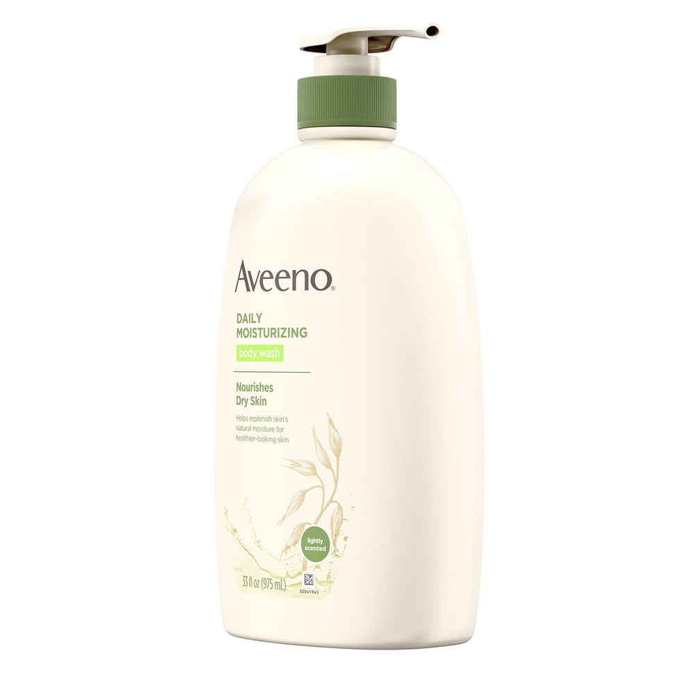 Subtle scent notes near Aveeno bottle indicating light fragrance benefit