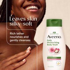 Aveeno size comparison in hand illustrating 18 fl oz portability and value