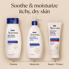 Aveeno bottle next to a hand for real-size scale and convenience