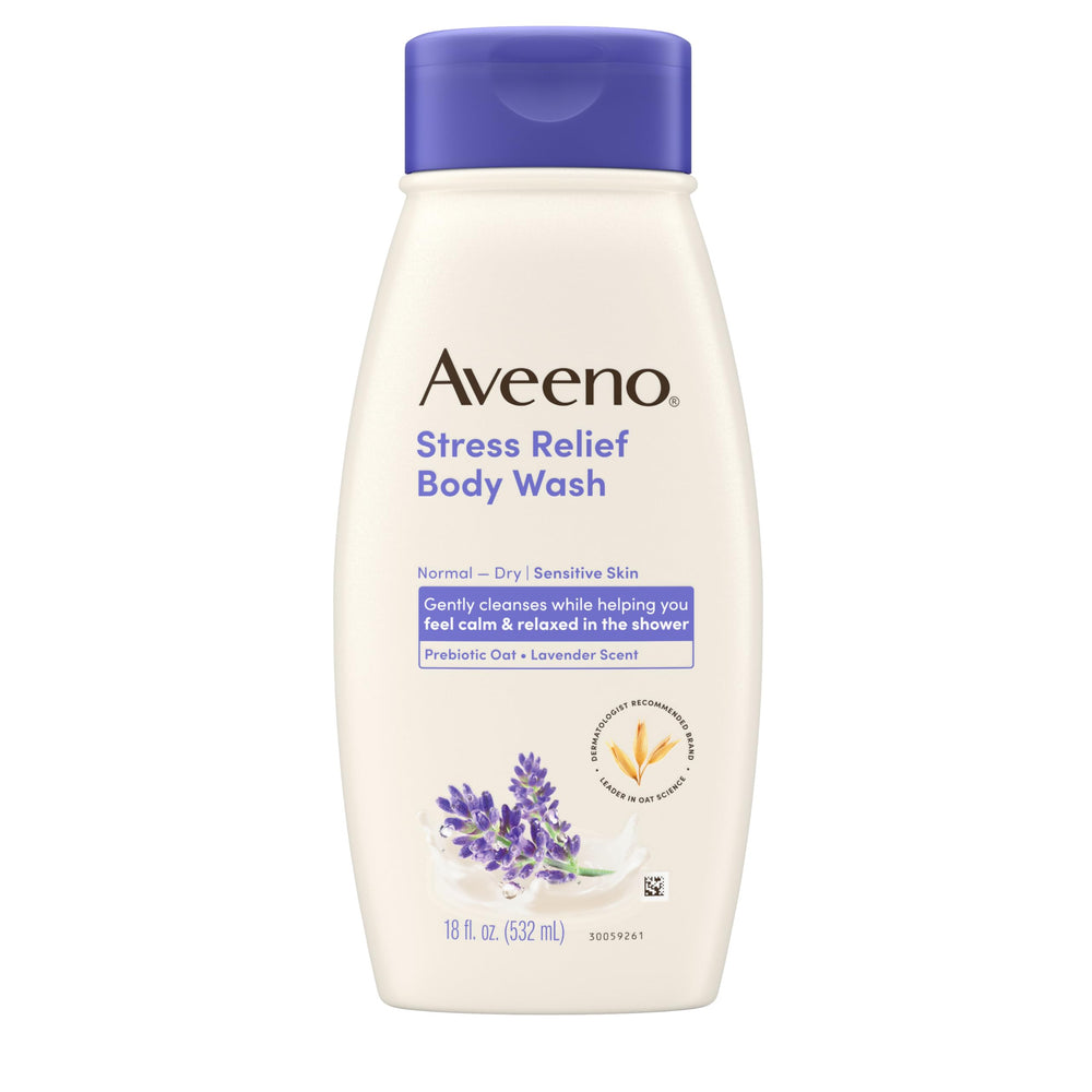 Aveeno bottle front packaging showing label and calming lavender scent benefit