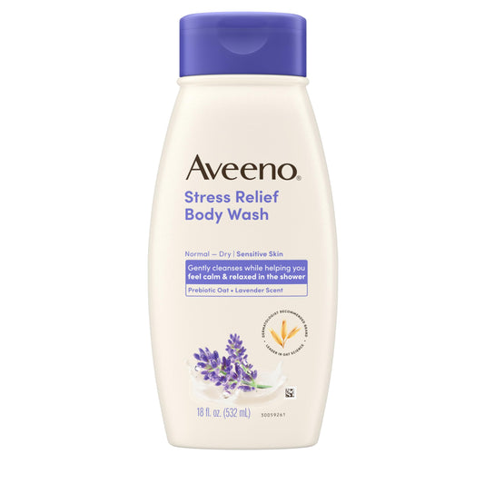 Aveeno bottle front packaging showing label and calming lavender scent benefit