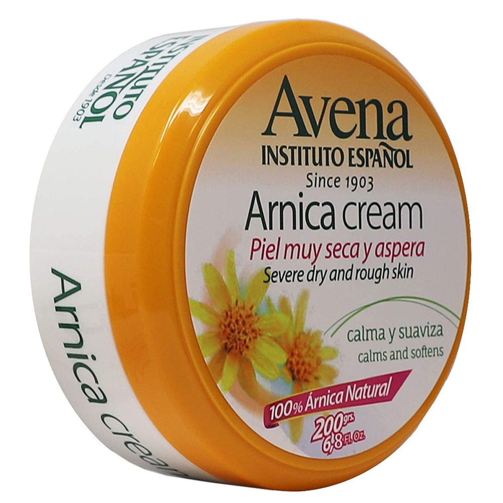 Avena Instituto Español ingredients label closeup highlighting arnica and cocoa butter