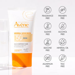 Avène ingredient label highlighting mineral filters and soothing water