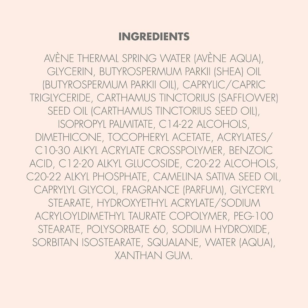 Clear Avène label and ingredients panel emphasizing thermal spring water