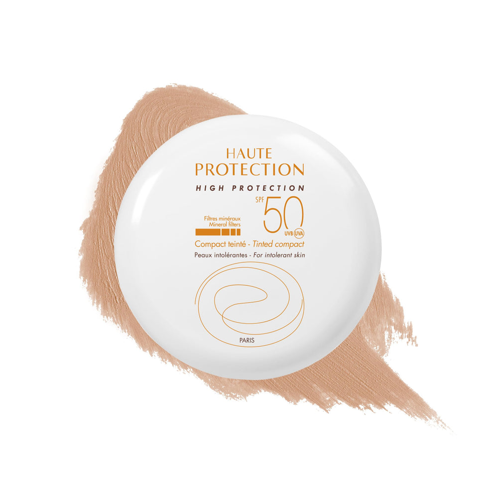 Avène compact front open showing tinted sunscreen and mirror, convenient protection
