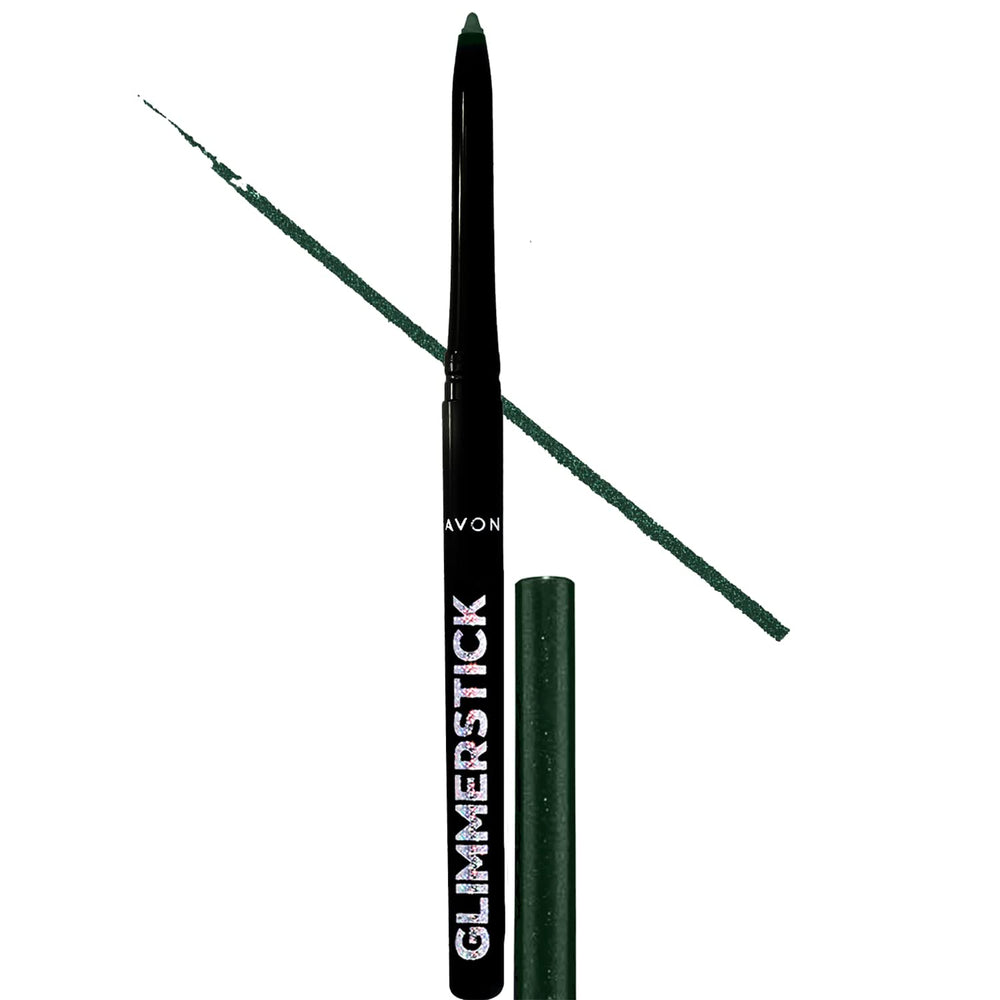 AVON Glimmersticks swatch on forearm showing rich emerald shimmer and true-to-tone payoff benefit