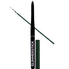 AVON Glimmersticks swatch on forearm showing rich emerald shimmer and true-to-tone payoff benefit